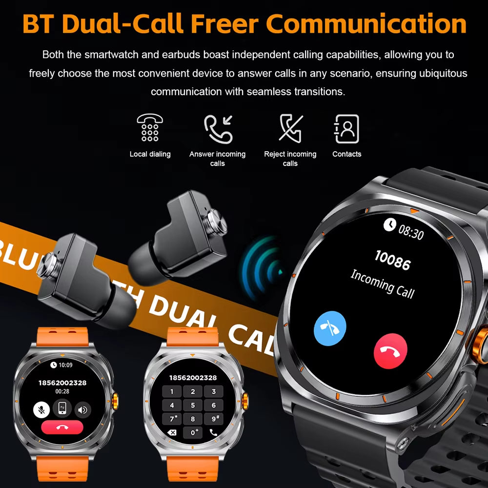2025 Smartwatch with Wireless Bluetooth Earphones - Waterproof, Health Monitor, Sports Music, Dual Earphone Call Function