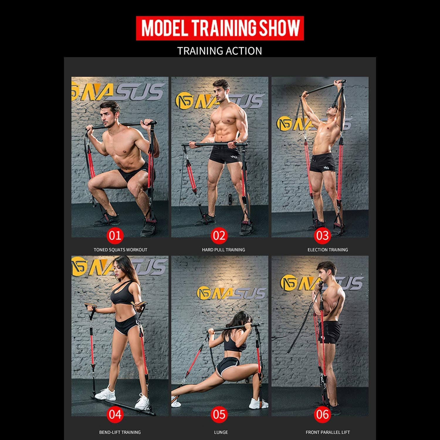 Portable Pilates Bar with Resistance Bands - Home Gym Squat Equipment for Men & Women (Red - 4 Bands)