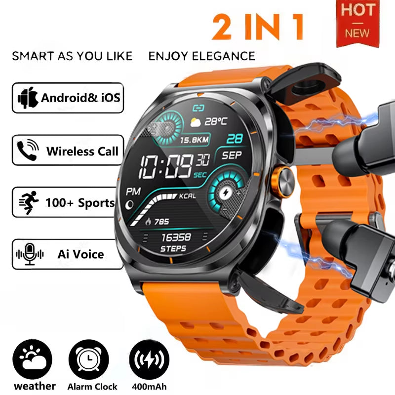 2025 Smartwatch with Wireless Bluetooth Earphones - Waterproof, Health Monitor, Sports Music, Dual Earphone Call Function