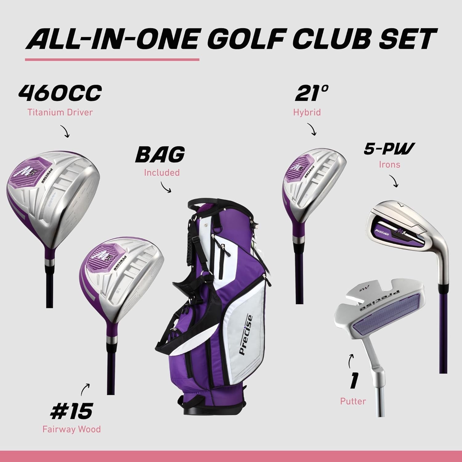 M5 Women’S Golf Clubs Set – Complete Right-Handed Set with Titanium Driver, S.S. Fairway & Hybrid, 5-PW Irons, Putter, Stand Bag & Headcovers – Graphite Shafts – Purple – Petite/Standard/Tall