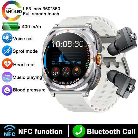 2025 Smartwatch with Wireless Bluetooth Earphones - Waterproof, Health Monitor, Sports Music, Dual Earphone Call Function