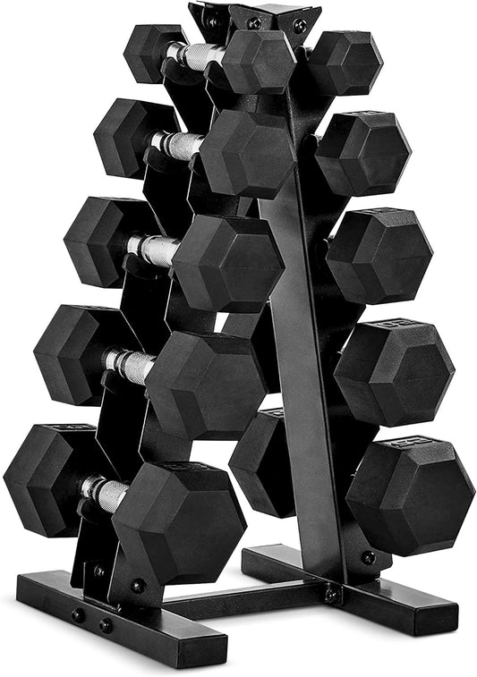 Versatile Rubber Coated Dumbbell Weight Set with Space-Saving Vertical Rack - Choose from 100 Lb, 150 Lb, or 210 Lb Options!