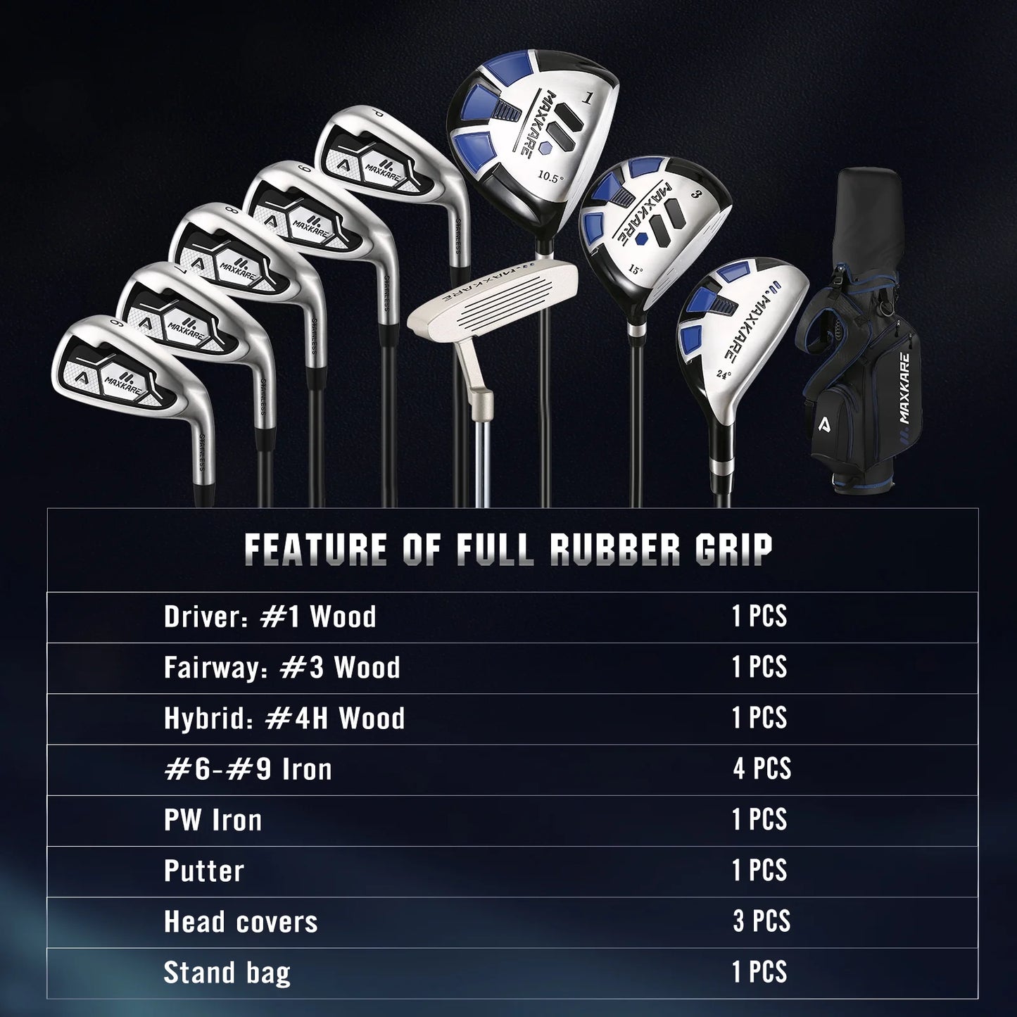 Complete Golf Clubs Set Golf Men'S Regular 9-Piece Complete Set, 3 Head Covers, Stand Bag - Right Hand, Blue