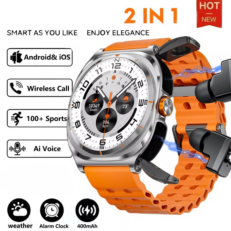 2025 Smartwatch with Wireless Bluetooth Earphones - Waterproof, Health Monitor, Sports Music, Dual Earphone Call Function