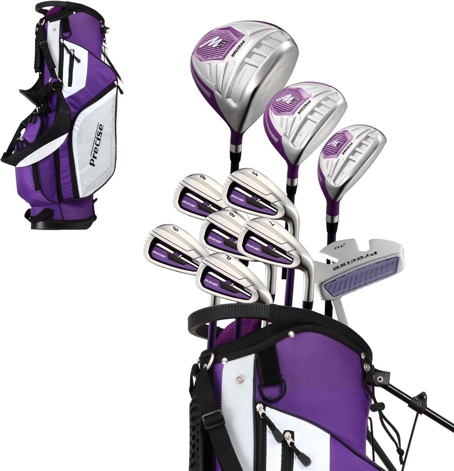 M5 Women’S Golf Clubs Set – Complete Right-Handed Set with Titanium Driver, S.S. Fairway & Hybrid, 5-PW Irons, Putter, Stand Bag & Headcovers – Graphite Shafts – Purple – Petite/Standard/Tall