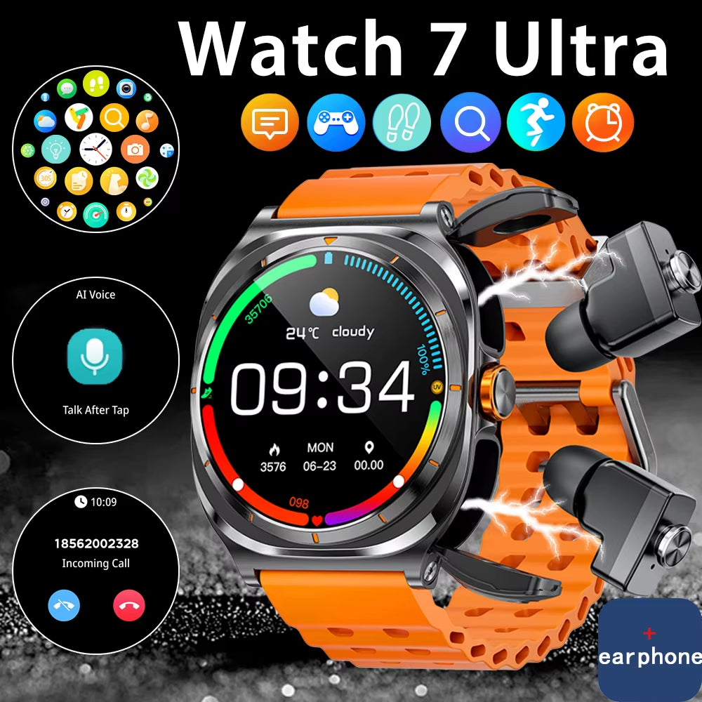 2025 Smartwatch with Wireless Bluetooth Earphones - Waterproof, Health Monitor, Sports Music, Dual Earphone Call Function