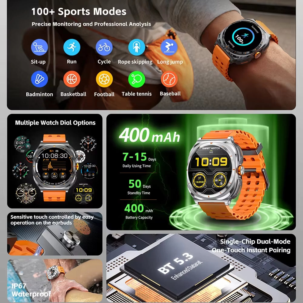 2025 Smartwatch with Wireless Bluetooth Earphones - Waterproof, Health Monitor, Sports Music, Dual Earphone Call Function
