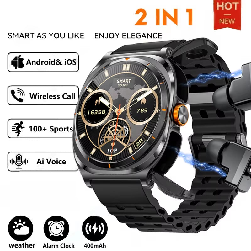 2025 Smartwatch with Wireless Bluetooth Earphones - Waterproof, Health Monitor, Sports Music, Dual Earphone Call Function