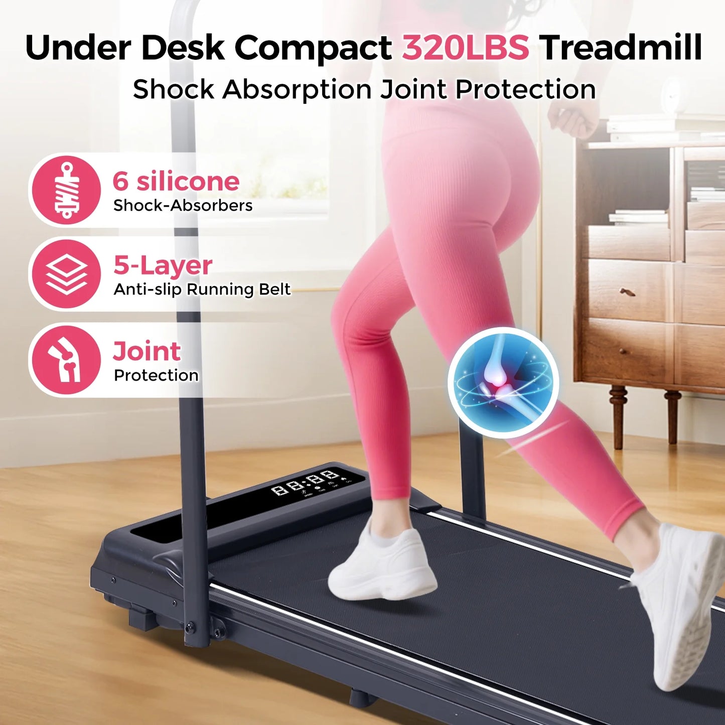 Folding Treadmill with Handles for Home Workouts,Portable Treadmill Compact under Desk Foldable Walking Pad Treadmills with LED Display,320Lbs Capacity